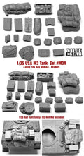 Value Gear 1/35 USA M3A resin stowage set for M3 Stuart tank model kits featuring turret stowage, bedrolls, packs, ammunition boxes, crates, tarps, tools, and detailed battlefield accessories