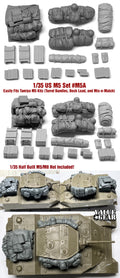 Value Gear 1/35 US M5A resin stowage set for Tamiya M5 Stuart tanks featuring turret bundles, deck load, ammunition boxes, bedrolls, packs, and detailed battlefield gear