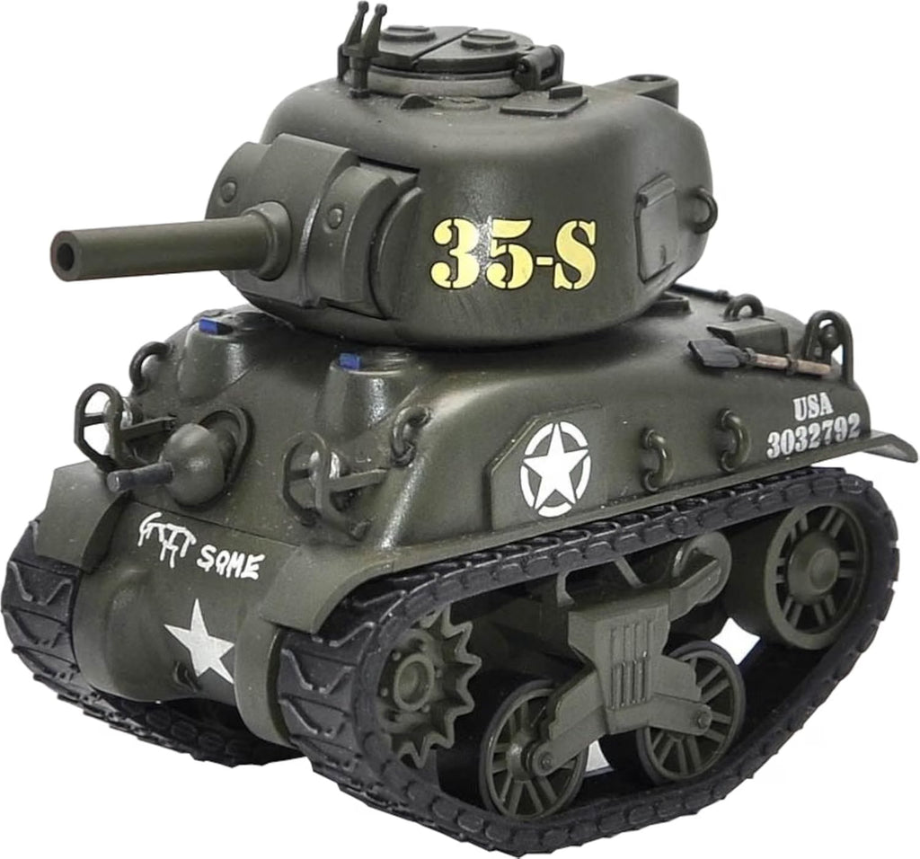MENG World War Toons M4A1 Sherman WWT002 completed model showing the stylized turret, 75mm main gun, detailed suspension, tracks, and U.S. markings.