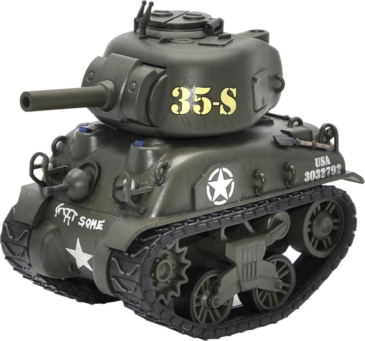 MENG World War Toons M4A1 Sherman WWT002 completed model showing the stylized turret, 75mm main gun, detailed suspension, tracks, and U.S. markings.
