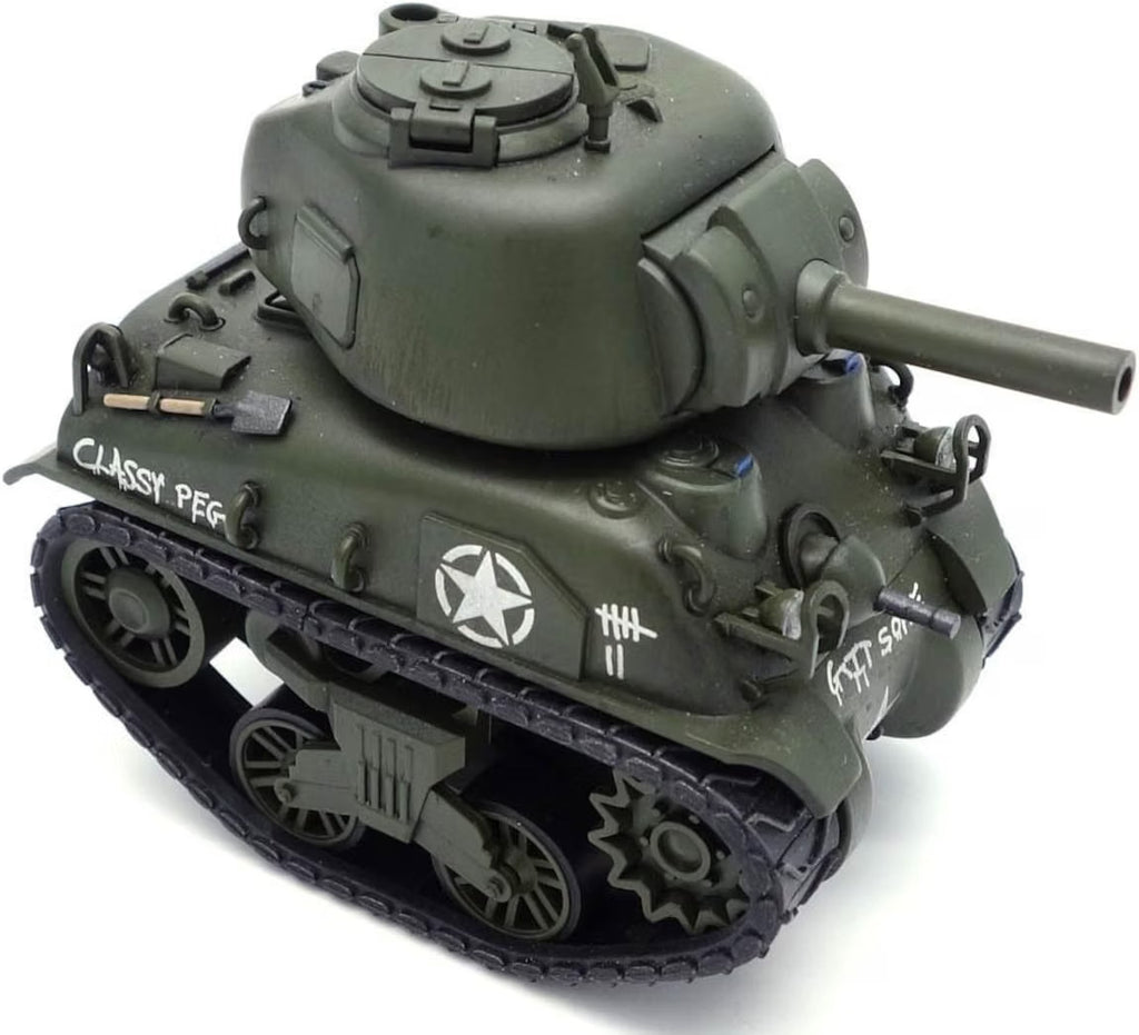 MENG World War Toons M4A1 Sherman WWT002 completed model rear three-quarter view showing the turret, hull details, tools, engine deck, suspension, and tracks.
