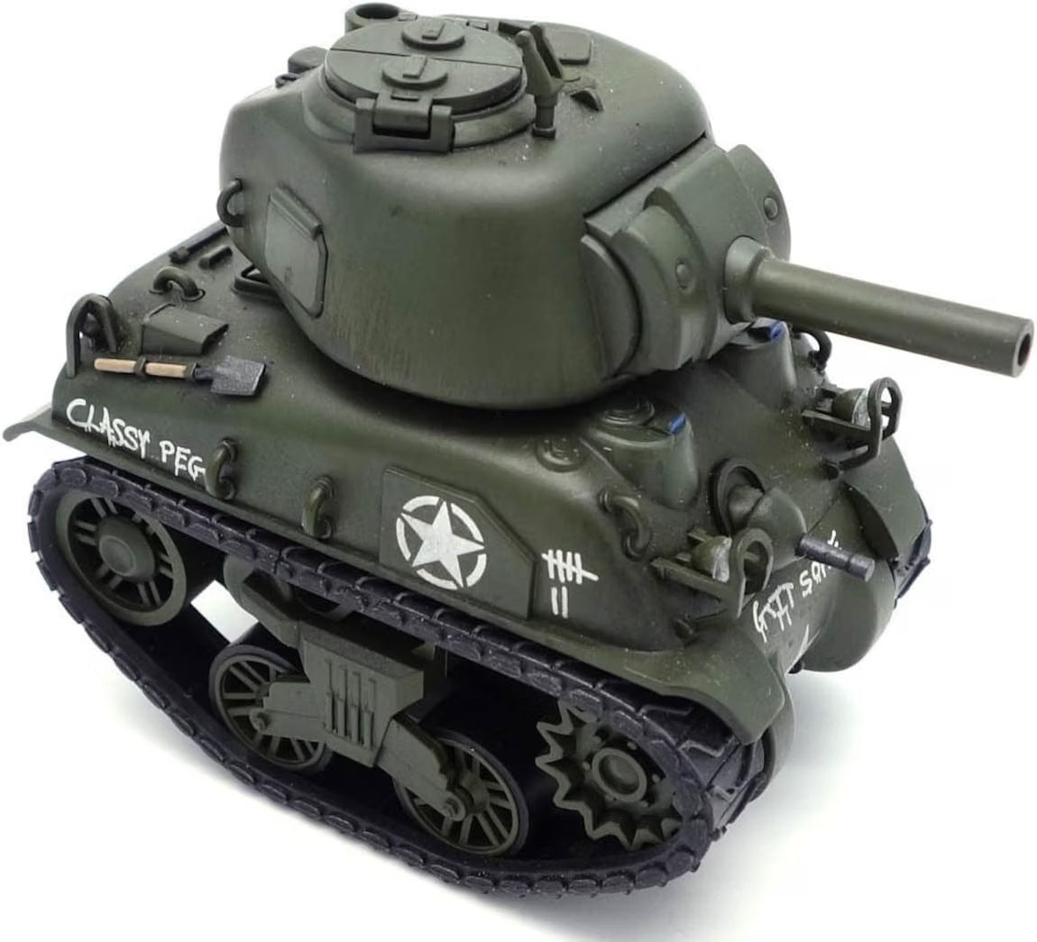 MENG World War Toons M4A1 Sherman WWT002 completed model rear three-quarter view showing the turret, hull details, tools, engine deck, suspension, and tracks.