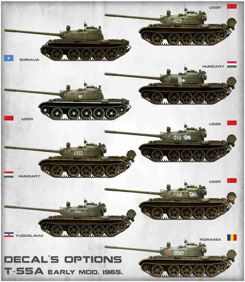 Painting guide showing nine marking options for the MiniArt 1:35 T-55A Early Mod. 1965 model kit