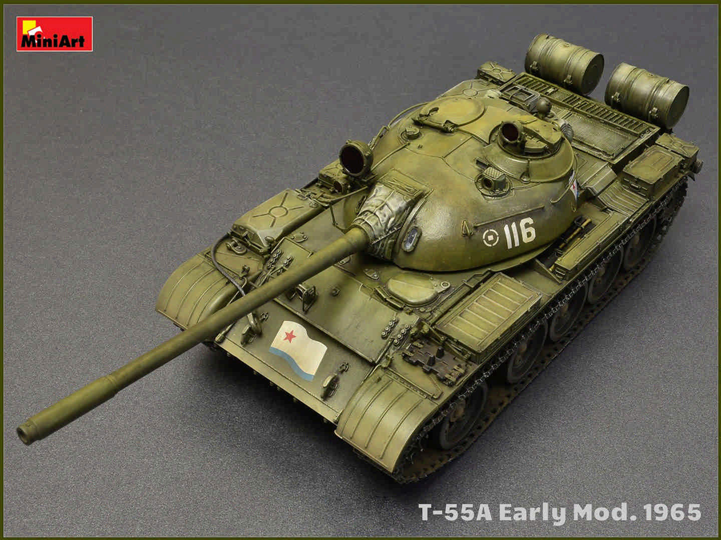 Completed MiniArt 1:35 T-55A Early Mod. 1965 model shown from an overhead front-right angle