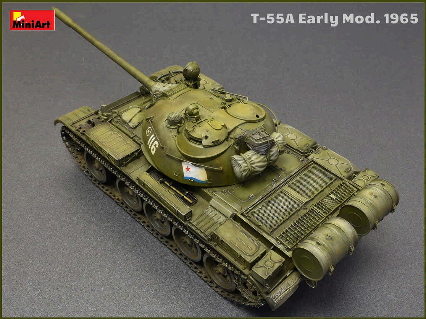 Completed MiniArt 1:35 T-55A Early Mod. 1965 model shown from a rear-left angle