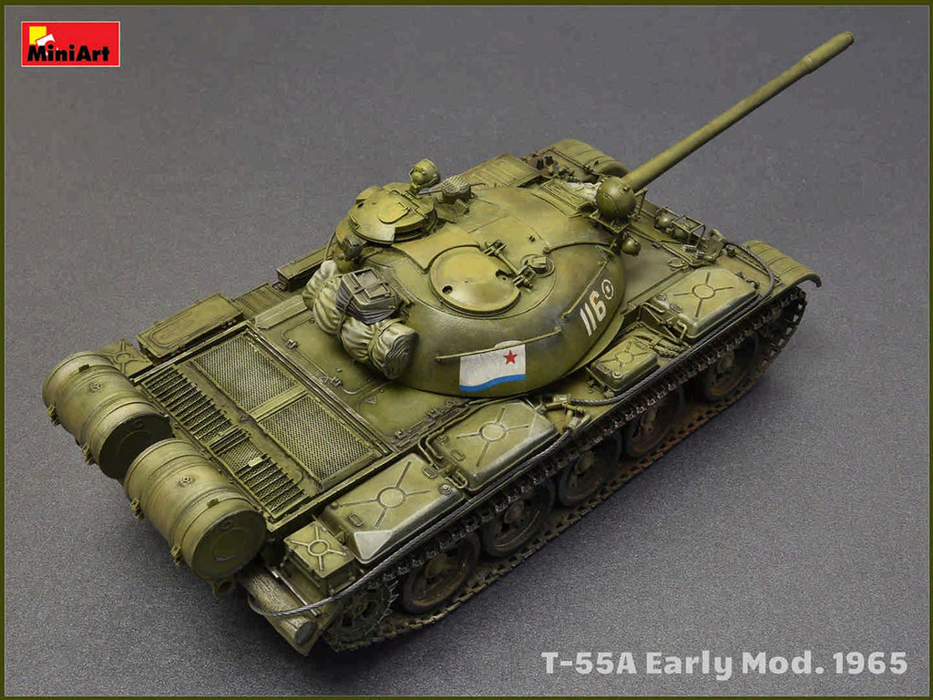 Completed MiniArt 1:35 T-55A Early Mod. 1965 model shown from a rear-right angle