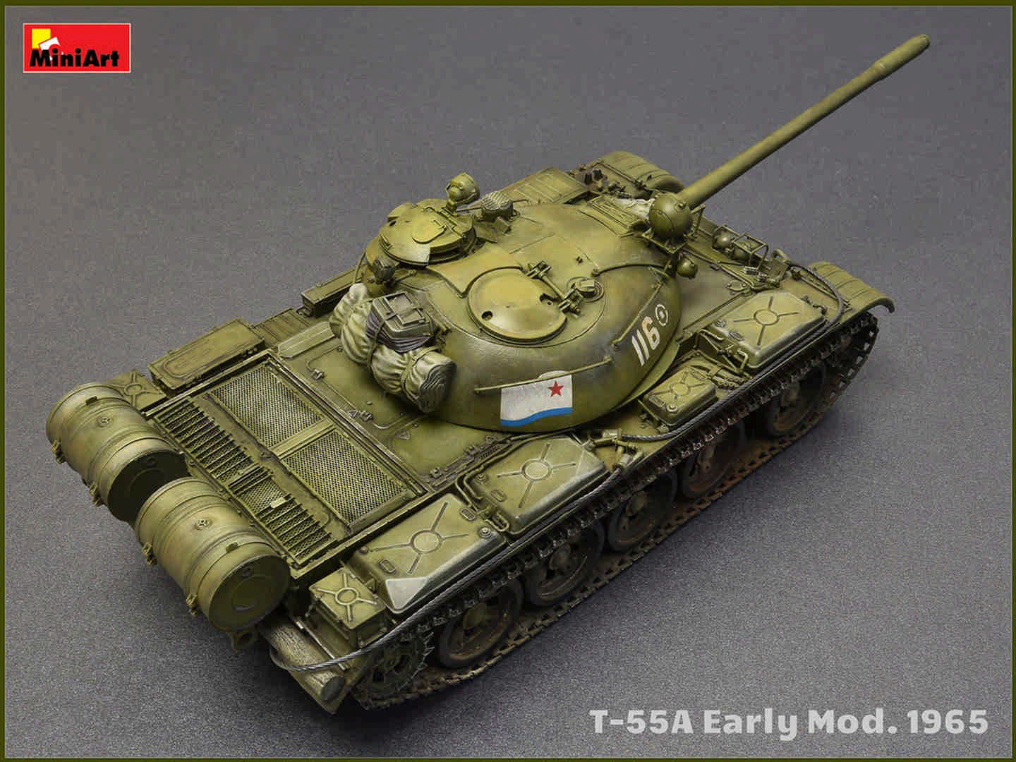Completed MiniArt 1:35 T-55A Early Mod. 1965 model shown from a rear-right angle