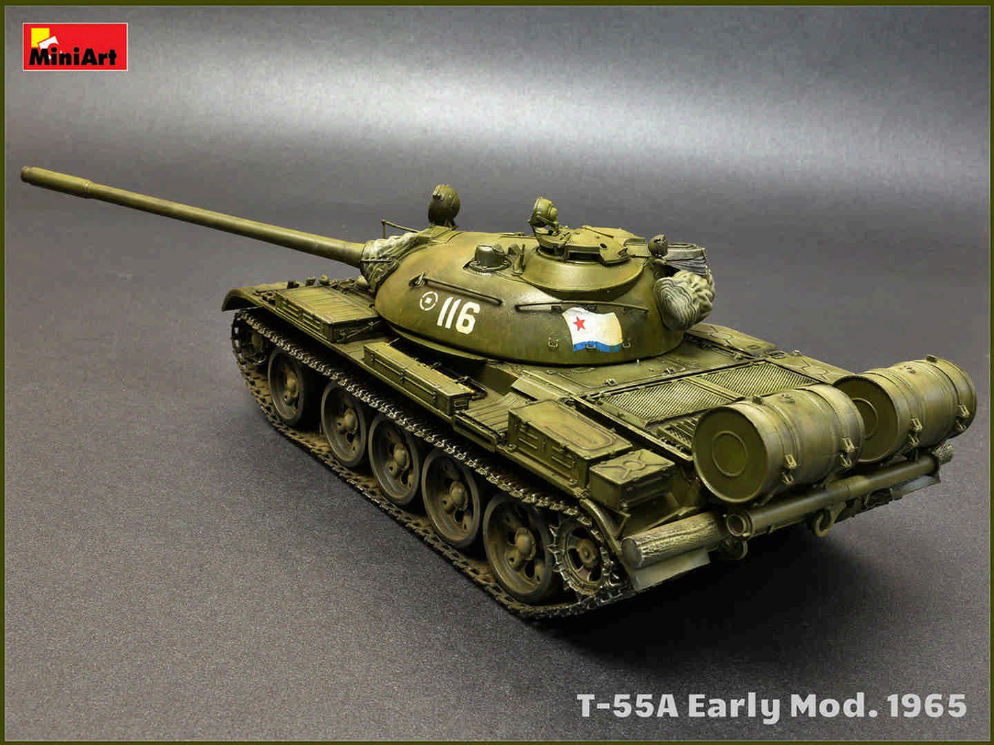 Completed MiniArt 1:35 T-55A Early Mod. 1965 model shown from a rear-right angle