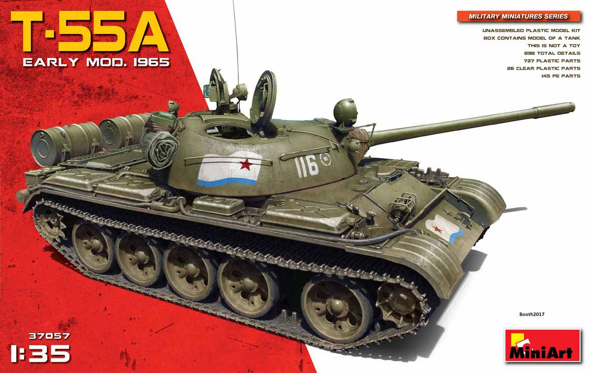 MiniArt 1:35 T-55A Early Mod. 1965 plastic model kit box art featuring a Soviet Cold War main battle tank