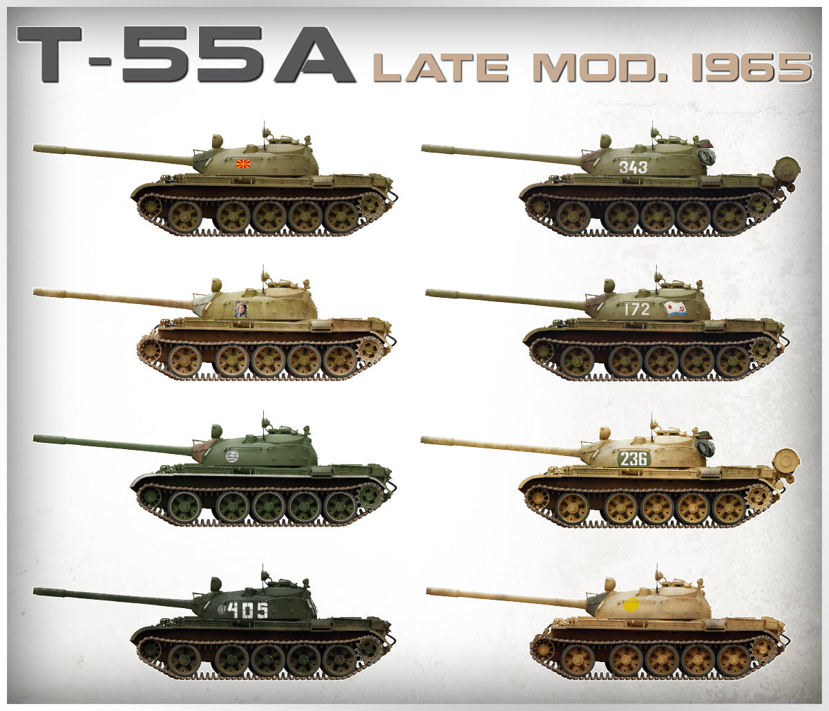 Painting guide showing eight marking options for the MiniArt 1:35 T-55A Late Mod. 1965 model kit