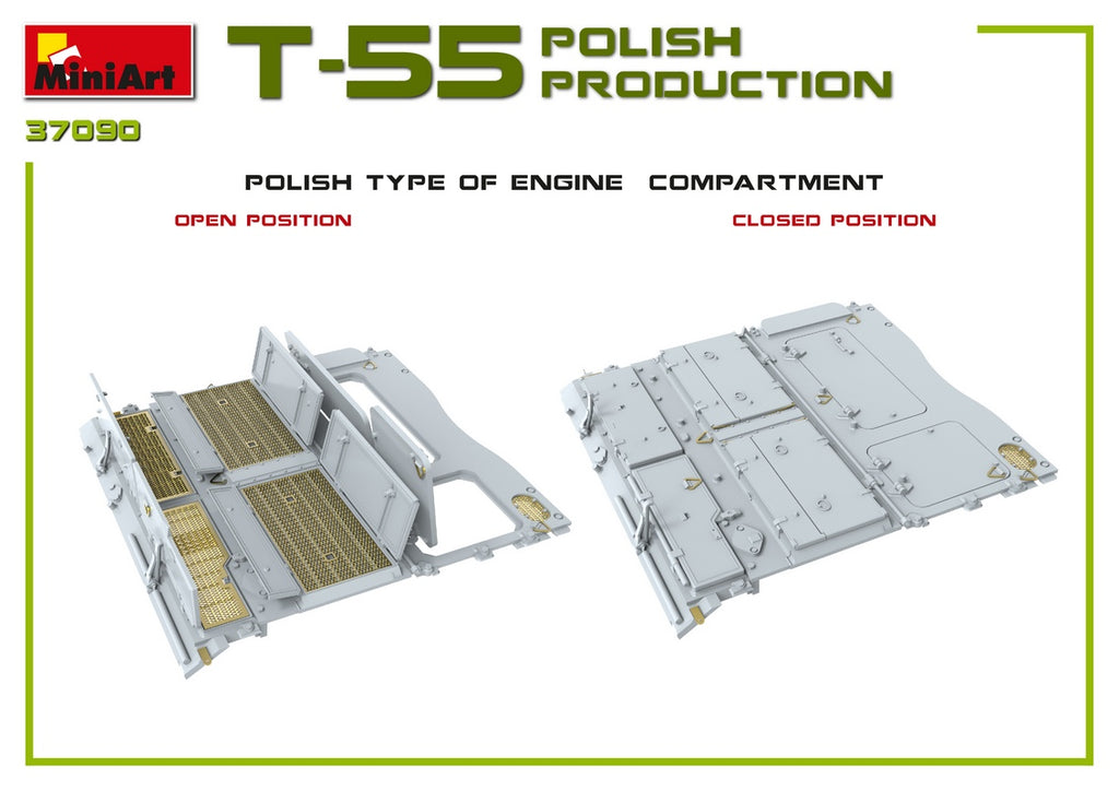 MiniArt T-55 Polish Production model kit parts showing an engine compartment in both open and closed positions, on a white background with green and black text.