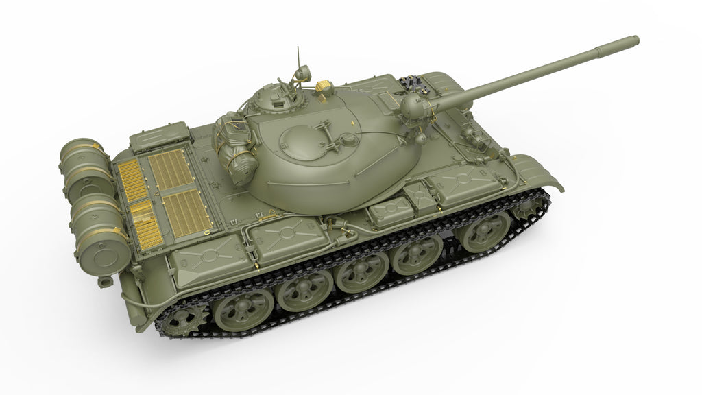 3D rendering of the MiniArt 1:35 T-55 Soviet Medium Tank viewed from an overhead rear-left angle highlighting engine deck details