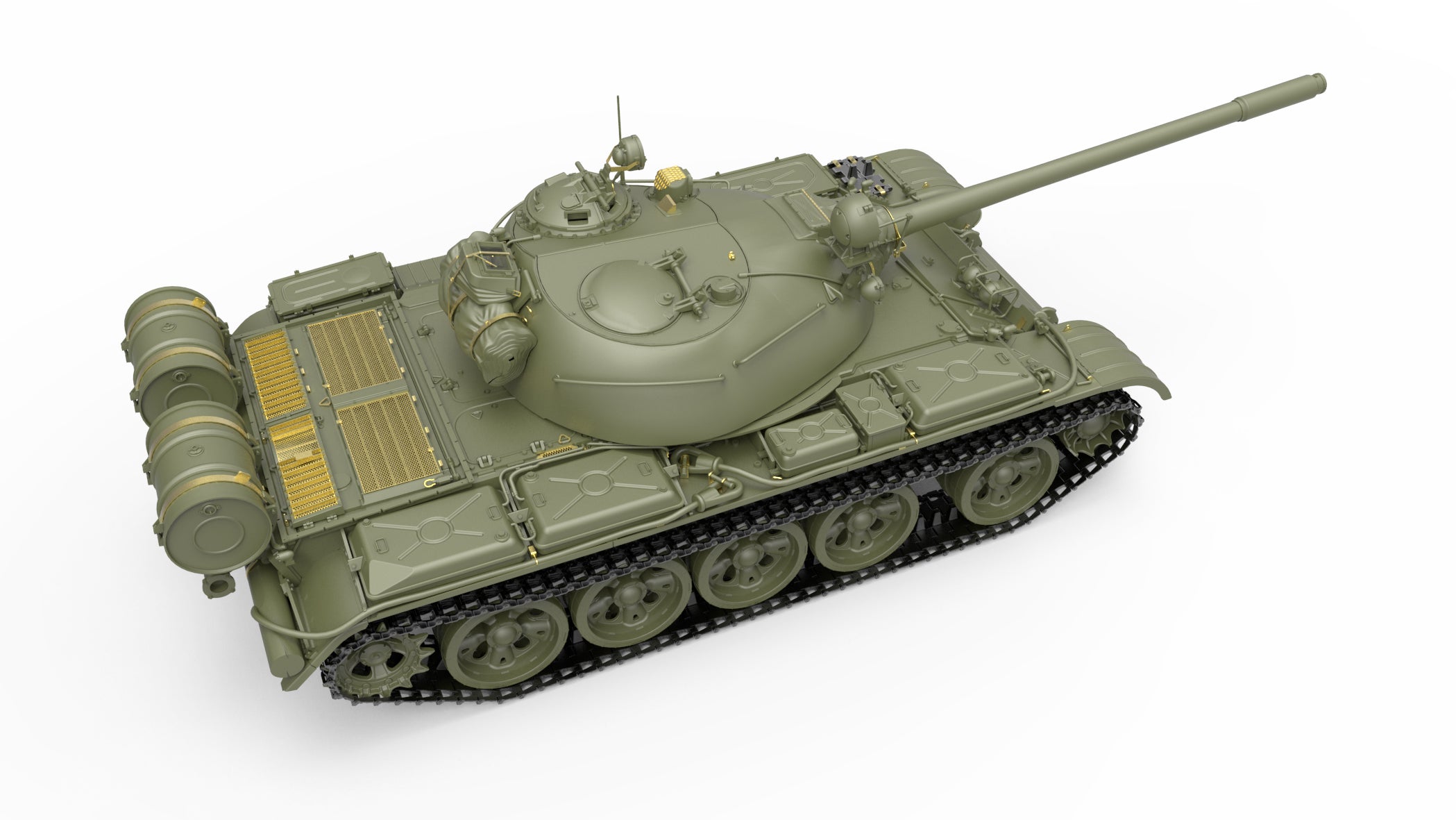 3D rendering of the MiniArt 1:35 T-55 Soviet Medium Tank viewed from an overhead rear-left angle highlighting engine deck details