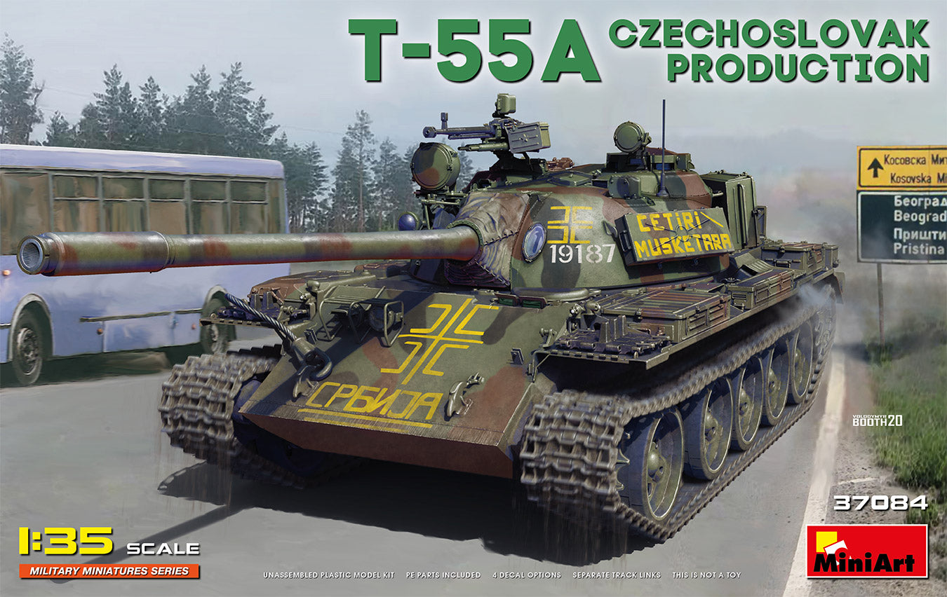 MiniArt 1:35 T-55A Czechoslovak Production plastic model kit featuring individual track links and photo-etched details.