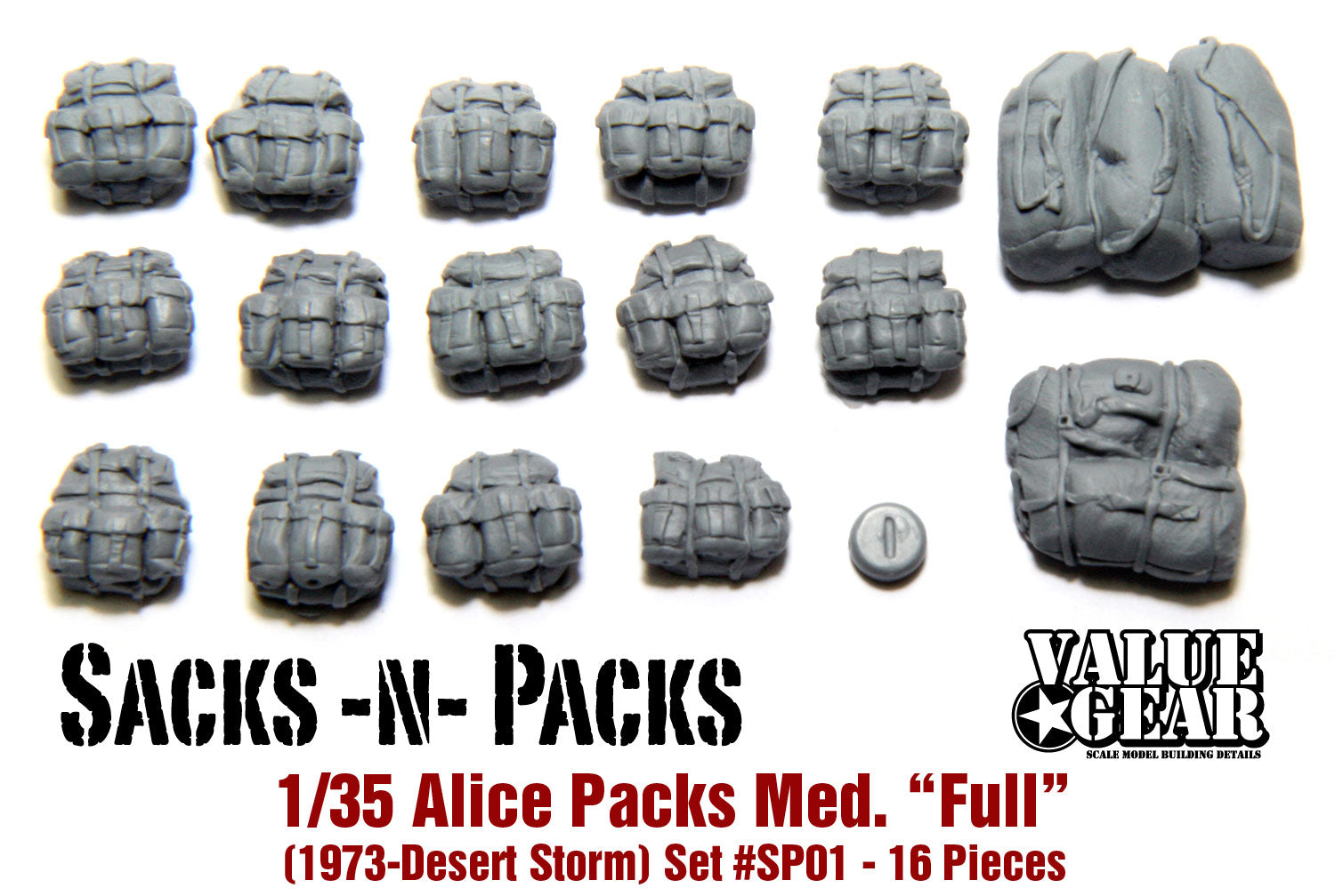 Model building kit parts labeled 'Sacks - N - Packs' with 'Value Gear' branding on a white background.