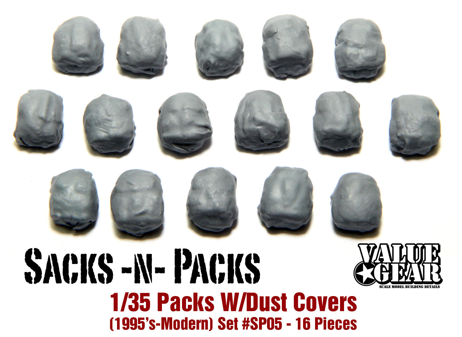 Gray sacks with dust covers on a white background, labeled 'Sacks-N-Packs' by Value Gear.