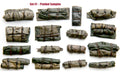 Value Gear 1/35 Universal Tents & Tarps Set #1 painted sample featuring rolled tarps, canvas bedrolls, bundled field equipment, and military stowage accessories for WWII tanks, armored vehicles, trucks, and scale model dioramas.