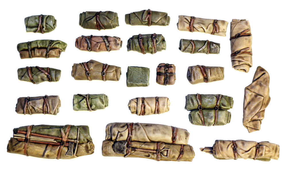 Value Gear 1/35 Universal Tents & Tarps Set #10 painted sample featuring rolled tarps, bedrolls, canvas packs, tool bundles, and military stowage accessories for WWII tanks, trucks, armored vehicles, and scale model dioramas.