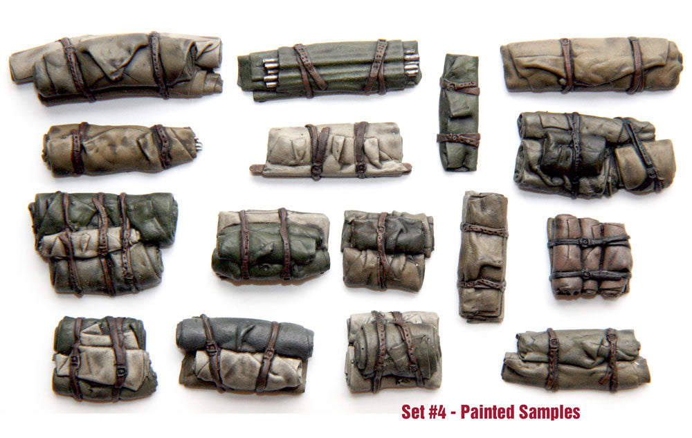 Value Gear 1/35 Universal Tents & Tarps Set #4 painted sample featuring rolled canvas tarps, bedrolls, folded tents, gear bundles, and military stowage accessories for WWII tanks, trucks, armored vehicles, and scale model dioramas.