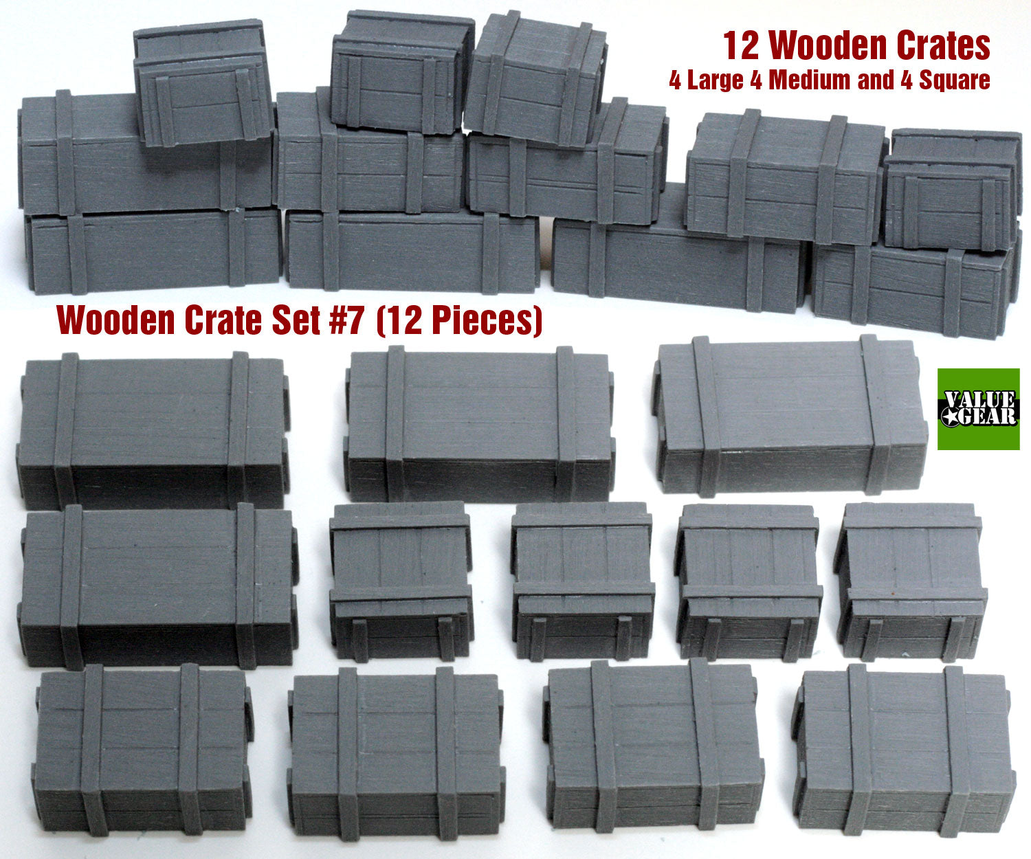 Value Gear WC7 1/35 Universal Wooden Crates Set #7 resin accessory set featuring 12 highly detailed wooden shipping crates in three sizes: 4 large, 4 medium, and 4 square crates. Perfect for adding realistic cargo and supply details to WWII and modern military vehicles, trucks, armored vehicles, artillery positions, railcars, warehouses, supply depots, and scale model dioramas.