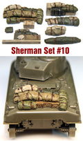 Value Gear Sherman Set #10 1/35 resin stowage set with rolled tarps, bedrolls, cargo bundles, crates, storage boxes, and packs for Sherman tank model kits