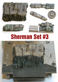 Value Gear Sherman Set #3 1/35 resin stowage set with tarp-covered cargo load, rolled tarps, bedrolls, spare road wheel, wooden platform, and storage bundles for Sherman tank model kits