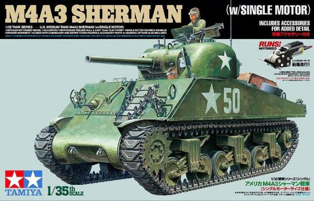 Tamiya 1:35 U.S. Medium Tank M4A3 Sherman with Single Motor Plastic Model Kit