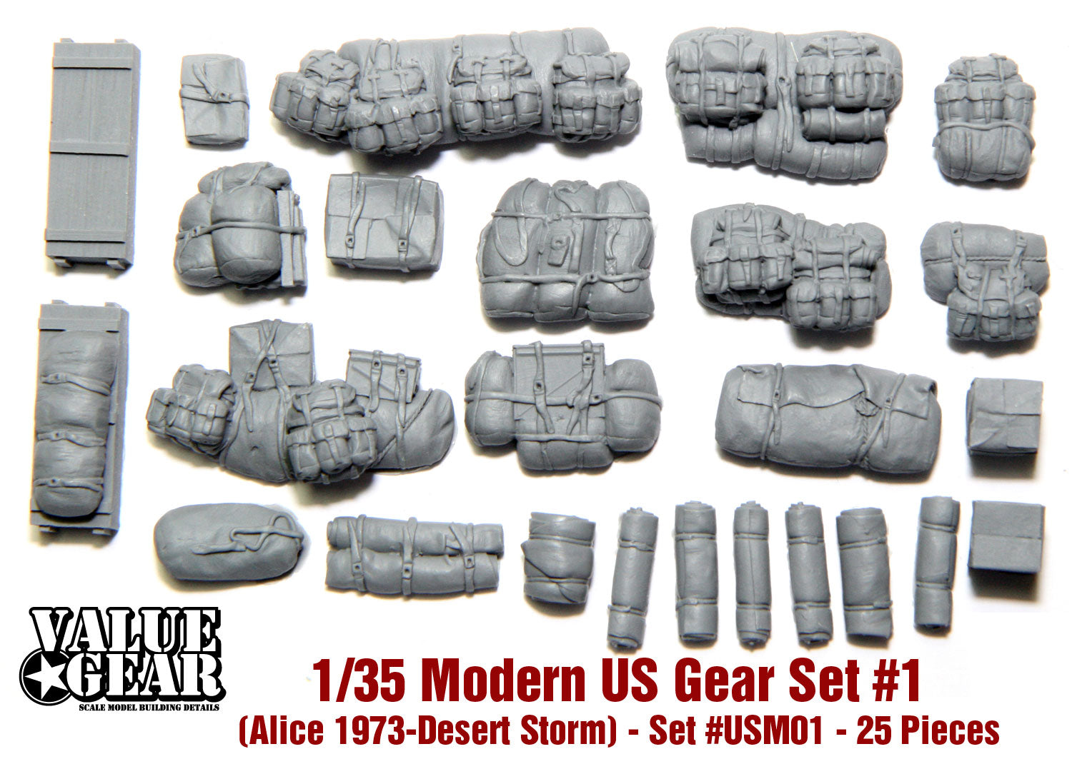 Gray modern US gear set #1 for 1/35 scale model on a white background with Value Gear branding.