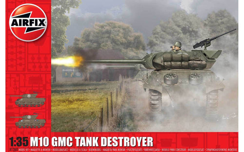 Model kit of a M10 GMC Tank Destroyer with Airfix branding on a red background.