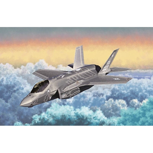 Academy 12507 1/72 F-35A Lightning II MCP model kit box art showing a grey USAF stealth fighter above the clouds at sunset.