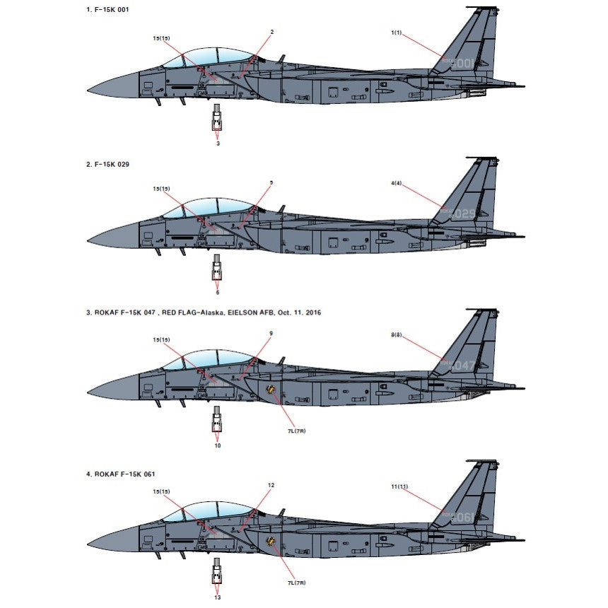 Academy 1/72 F-15K Slam Eagle marking options for ROKAF F-15K 001, 029, 047 at Red Flag-Alaska 2016, and 061.