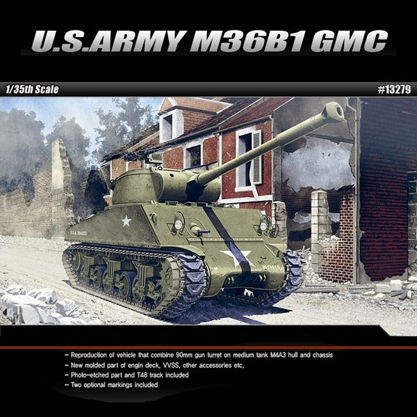 Academy 13279 U.S. Army M36B1 GMC 1/35 scale plastic model kit box art, 90mm tank destroyer on a Sherman hull in a ruined town