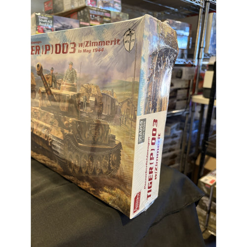 Amusing Hobby 35A059 Tiger (P) 003 with Zimmerit 1/35 model kit box showing a crushed corner and creased end panel, still factory sealed in shrink wrap
