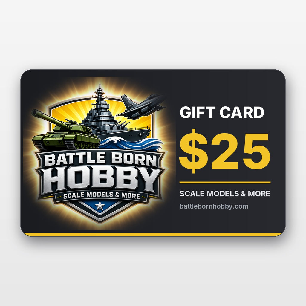 Battle Born Hobby $25 gift card with tank, battleship and jet shield logo