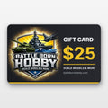 Battle Born Hobby $25 gift card with tank, battleship and jet shield logo