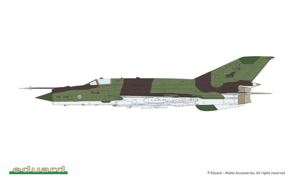 Model of a green and brown camouflage jet on a white background with 'eduard' branding.