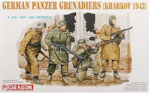Model kit packaging for German Panzer Grenadiers from Kharkov 1943, featuring four soldiers in action poses.