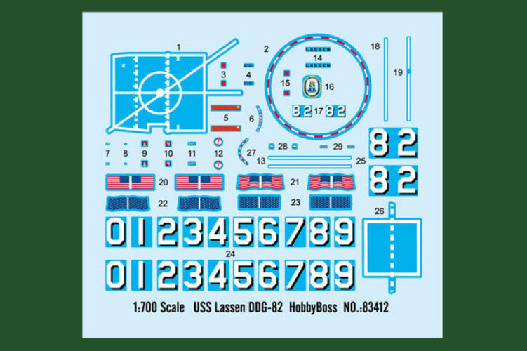 Model kit decal sheet for a 1:700 scale USS Lassen DDG-82 HobbyBoss model on a green background.