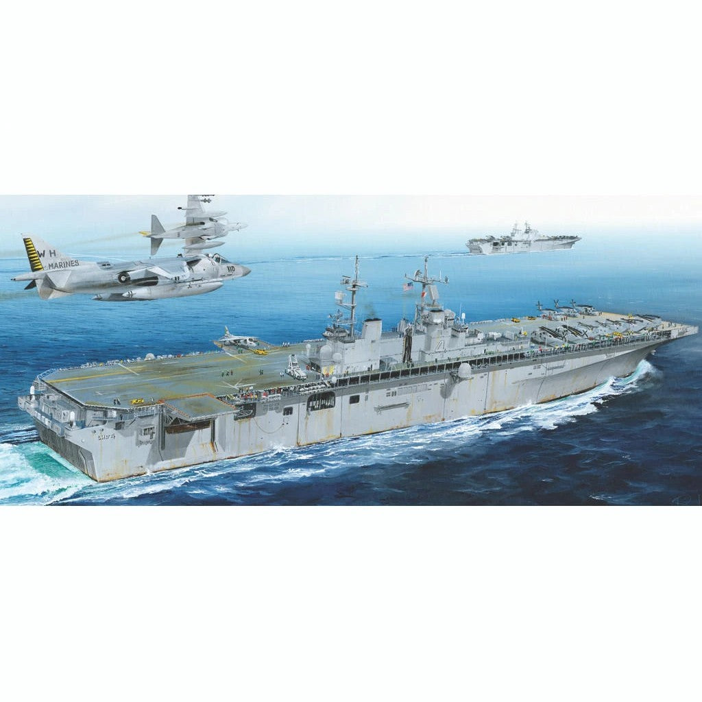 Hobby Boss 83405 USS Boxer LHD-4 1/700 scale plastic model kit box art with AV-8B Harriers flying over the amphibious assault ship