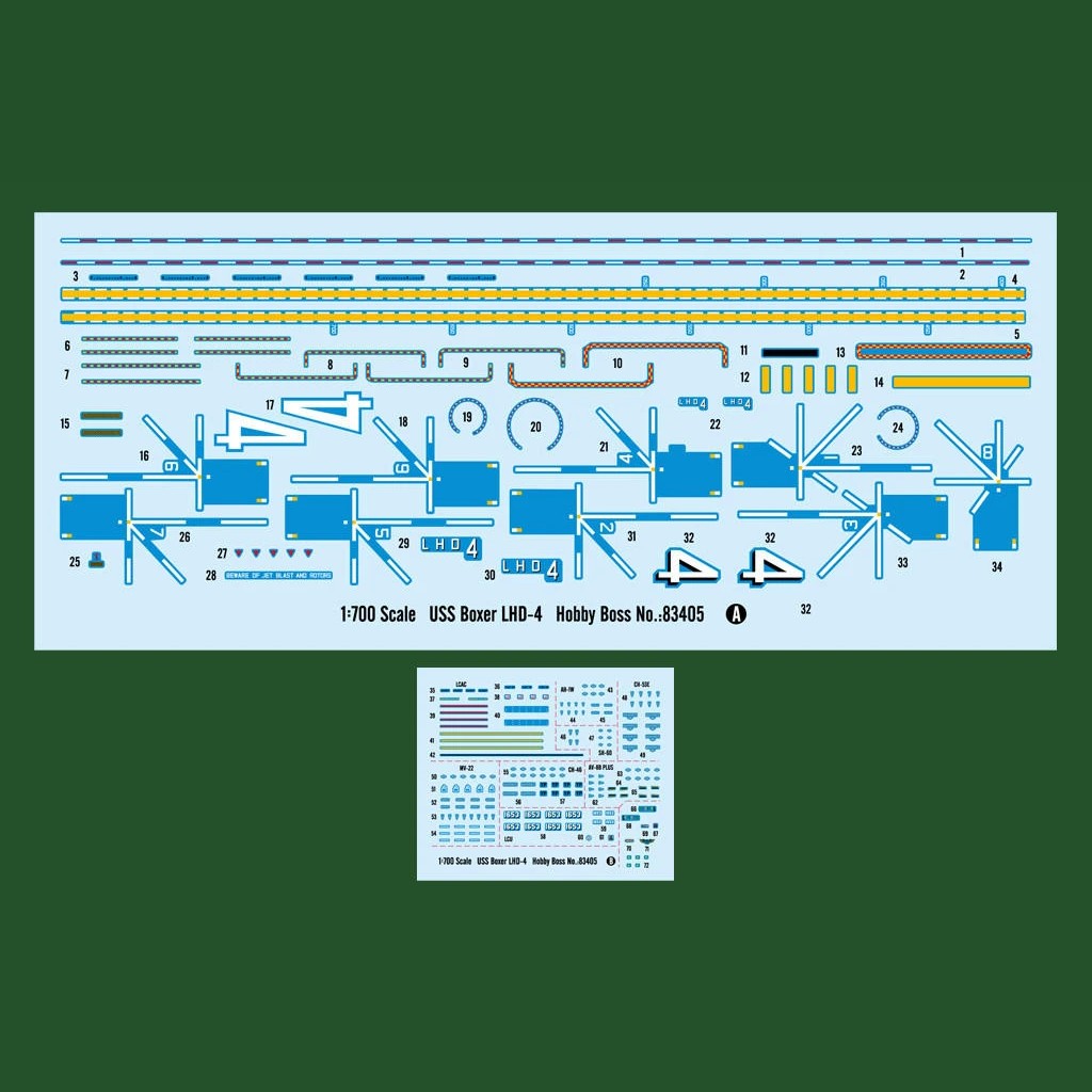 Hobby Boss 83405 USS Boxer LHD-4 decal sheets with flight deck markings, hull numbers and embarked aircraft markings