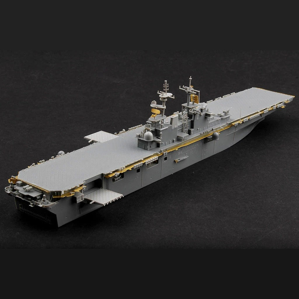 Built Hobby Boss 1/700 USS Boxer LHD-4 model viewed from the stern, showing flight deck, island and elevators
