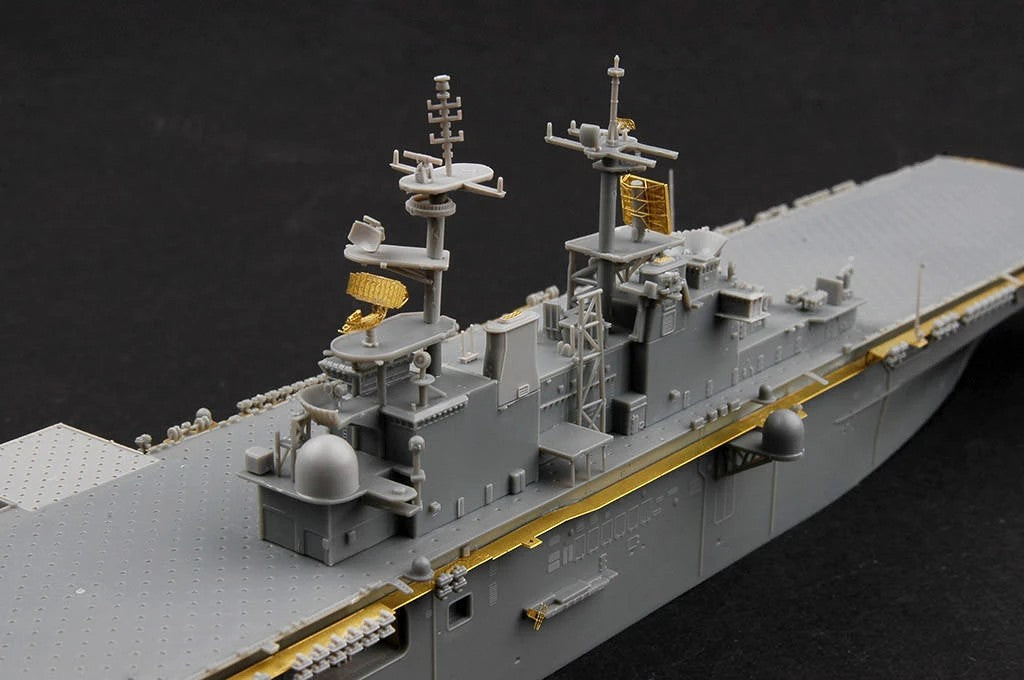 Close-up of the Hobby Boss 1/700 USS Boxer LHD-4 island superstructure with masts, radars and sensor domes