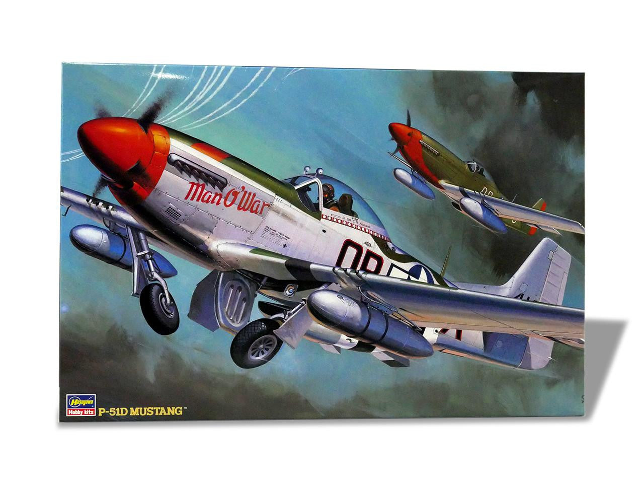 Model airplane kit of a P-51D Mustang with 'Man O' War' branding on a blue sky background.