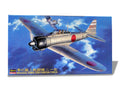 Model airplane box with Mitsubishi A6M2b Zero Fighter Type 21 on a blue sky background