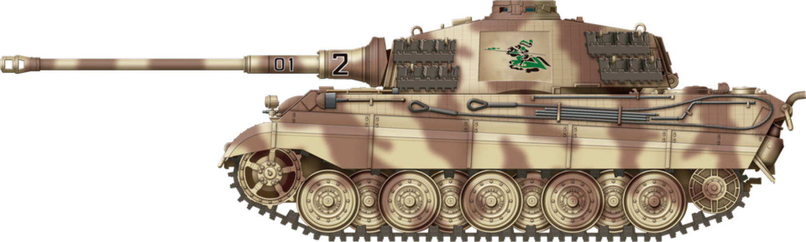 Model of a military tank with camouflage pattern on a white background