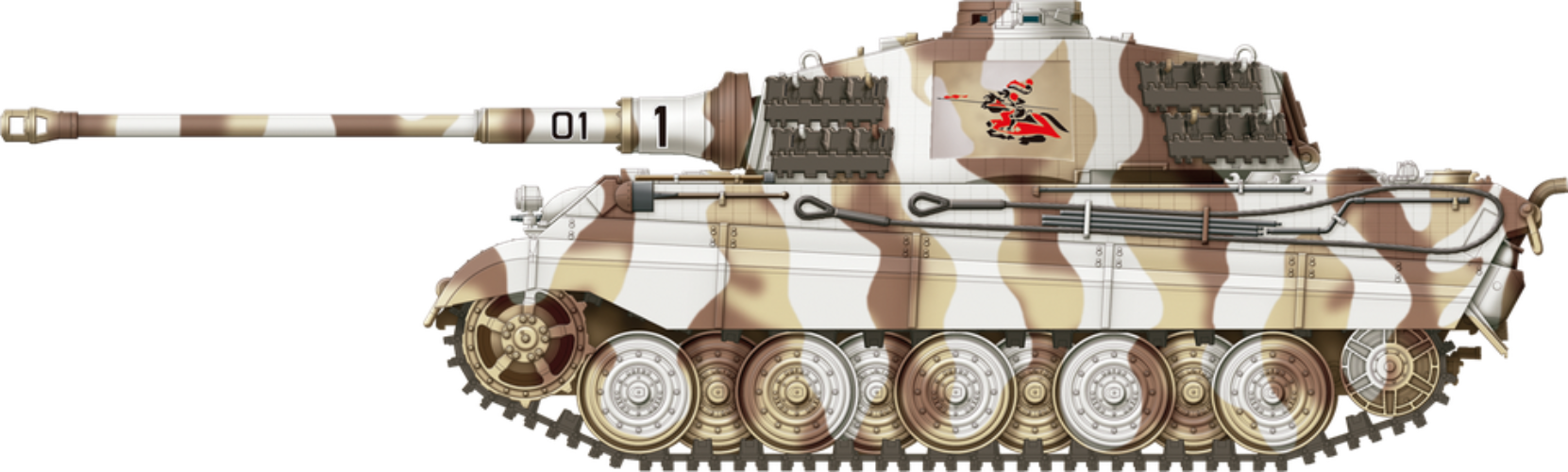 Camouflage military tank with a visible brand logo on a white background