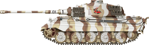 Camouflage military tank with a visible brand logo on a white background