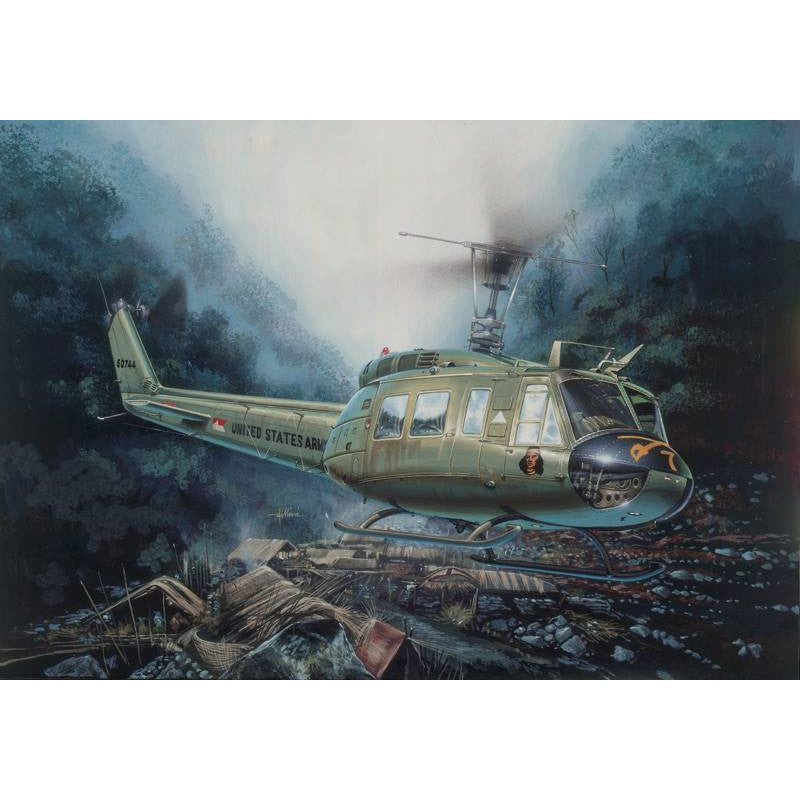 Italeri 1/48 UH-1D Slick box art showing a U.S. Army Huey helicopter landing in a misty Vietnam jungle clearing.