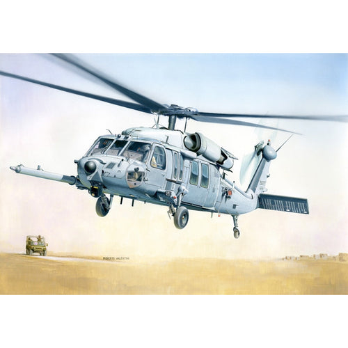 Italeri 2666 1/48 MH-60K Blackhawk SOA box art showing a grey special operations Black Hawk with refueling probe over the desert.