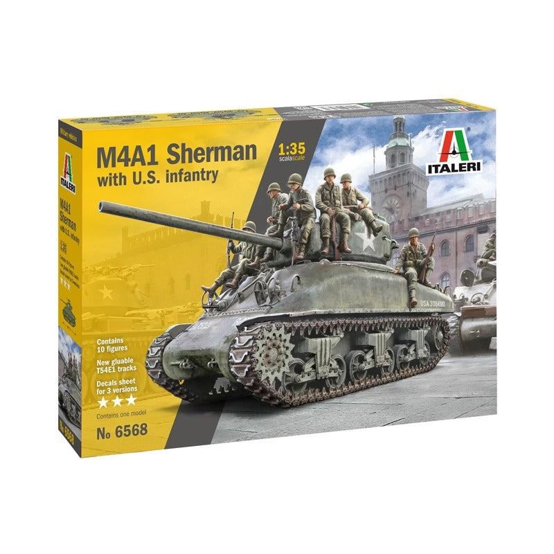 Italeri 6568 M4A1 Sherman 76mm with U.S. Infantry 1/35 scale plastic model kit box, 10 figures and T54E1 tracks